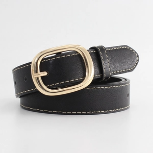Ceinture en similicuir noir avec boucle ovale dorée et détails à double couture blanche