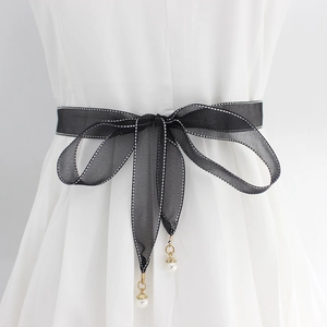 Elegant black thin waist rope with pearl pendants and white wave patterns for women
