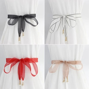 Elegant thin chiffon waist ropes with pearl pendants in four versatile colors for women