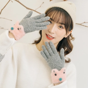 Guanti invernali touch per donna con design a gatto carino e bordo in peluche rosa