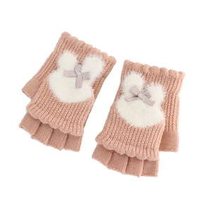 Pink knit convertible gloves for women featuring cute white plush rabbit and grey bow decor