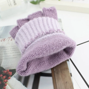 Mitaines tricotées violettes pour femmes avec broderie ours et poignets côtelés doux