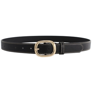 Ceinture femme en cuir noir avec boucle ovale dorée et surpiqûres jaunes contrastées