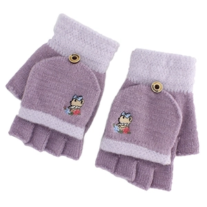 Mitaines convertibles en tricot violet avec broderie ours dessin animé mignonne