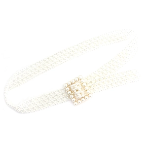 Elegante cinturón de perlas blancas tejidas para mujer con hebilla rectangular de perlas