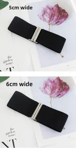 Comparison showing black elastic waist belts in 5cm and 6cm widths with silver metal buckles