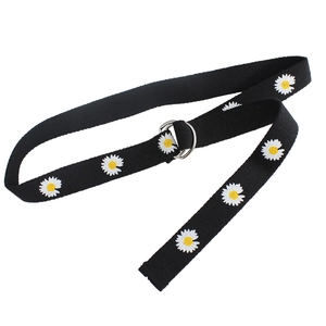 Unisex black canvas belt with daisy flower embroidery and silver double D-ring buckle