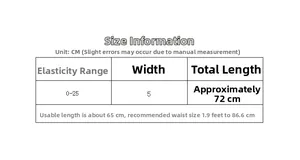 Detailed size chart for 5cm wide elastic floral waist belt showing length and stretch range