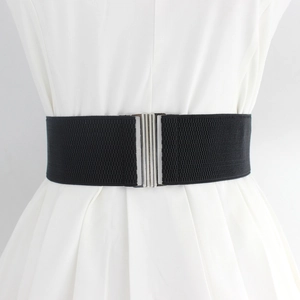 Women's 6cm wide black elastic waist belt with rectangular silver metal buckle for dresses