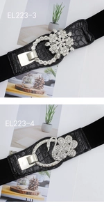 Detail of elastic waist belts featuring floral and swan rhinestone buckles on faux leather