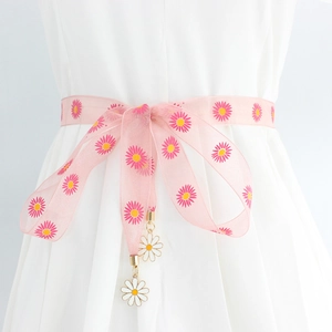 Ceinture Corde en Maille Brodée de Marguerites pour Femmes Douce Fleur Nouée Fine Chaîne de Taille Ruban Décoratif pour Robes Bijoux