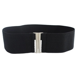 Women's black elastic wide cinch belt with silver interlocking metal buckle for dresses