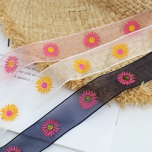 Ceinture ruban en organza à imprimé marguerites pour robes en rose blanc et bleu floral