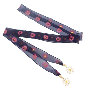 Corde de taille en organza bleu marine à imprimé marguerites et pendentifs floraux