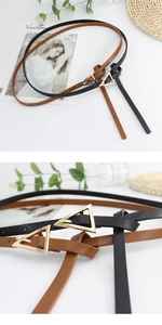 Detail view of fashion leather belts with gold triangle buckles in black and brown colors