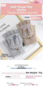 Detail of warm knitted fingerless gloves with rabbit ear design in beige and light gray
