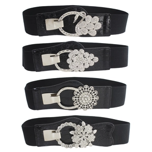 Women Fashion Rhinestone Buckle Elastic Corset Belt Crocodile Pattern Faux Leather Wide Belt For Dress Decoration