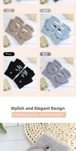 Detail view of knitted convertible gloves in khaki, grey-blue, black and aqua blue colors