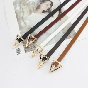 Women Minimalist PU Leather Skinny Belt Gold Triangle Geometric Alloy Buckle Versatile Fashion Dress Jeans Waistband Accessory