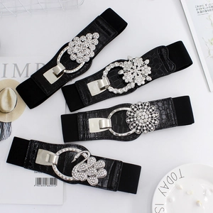 Chic black elastic waist belt for women with elegant floral rhinestone buckles set