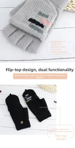 Detail of knitted convertible gloves showing button closure and grey knit texture