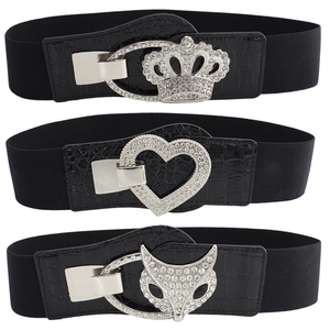 Elastic waist belts with rhinestone crown, heart and fox buckles for women's dresses
