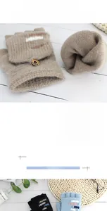 Detailed view of thick knit convertible fingerless gloves with wooden buttons in multiple colors