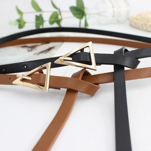 Minimalist women's thin belts with triangular gold buckles in black and brown faux leather