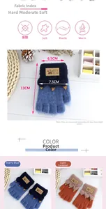 Detailed view of warm knitted flip-top gloves for kids with sizing and material specs