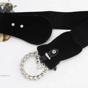 Women's wide elastic belt with sparkling rhinestone buckle and metal flower decor