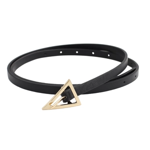 Slim black leather waist belt for women with elegant golden triangle geometric buckle