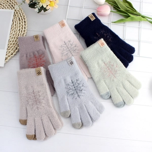 Women Winter Knit Gloves Snowflake Pattern Touch Screen Full Finger Mittens Fashion Thickened Solid Color Hand Warmer