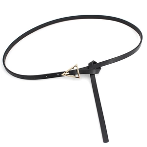 Minimalist black leather skinny belt for women with geometric gold triangle buckle