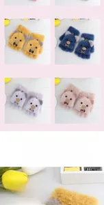 Close-up of kids bear flip-top gloves in ginger, blue, lavender, and pink colors