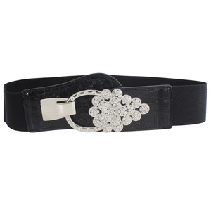 Elastic waist belt for women with crystal flower buckle and black crocodile texture
