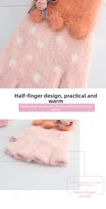 Detailed view of pink fuzzy fingerless gloves with white polka dots and grey bow accents
