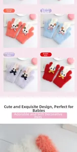 Detailed view of plush rabbit kids gloves in coral, blue, purple and red shades