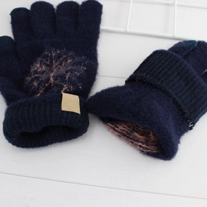 Navy blue knitted winter gloves with snowflake design and touch screen friendly fabric