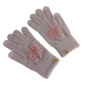 Grey knit winter gloves with orange snowflake pattern and touchscreen fingertips
