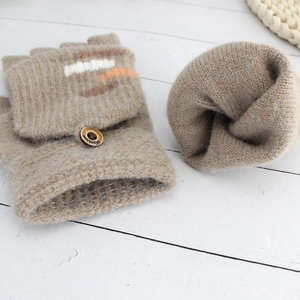 Men's winter knit fingerless gloves with beige convertible flap and wooden button
