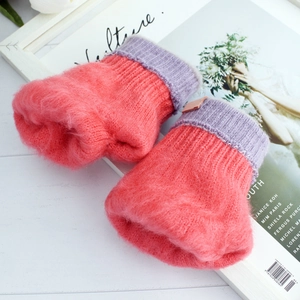 Winter thermal thick plush knit gloves in pink and purple with warm fleece lining