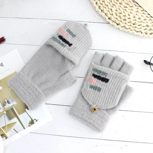 Men's winter grey knit convertible fingerless gloves with striped flap and button detail