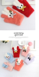 Detailed view of plush faux mink gloves for children with cute cartoon bunny ear designs