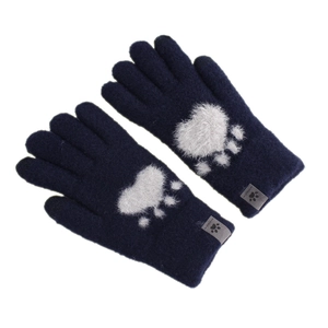 Winter thermal navy knit gloves with cute white fleece bear paw pattern and touch screen feature