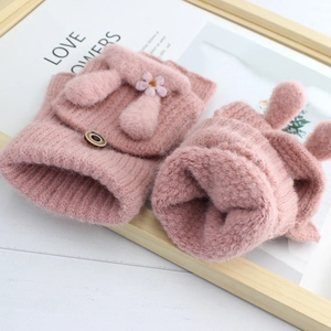 Pink knitted convertible fingerless gloves with cute rabbit ears and flower detail