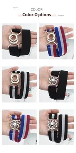 Detail of adjustable elastic belts showing striped patterns and metal buckle styles
