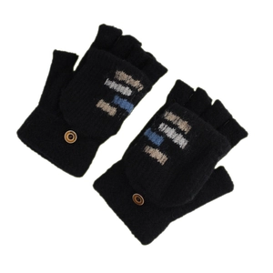 Men's winter knit fingerless gloves with black flip top and tricolor striped pattern