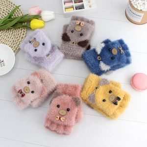 Kids Cute Bear Faux Mink Velvet Flip-top Half Finger Gloves Warm Winter Thick Plush Mitten For Boys Girls Aged 5-12