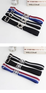 Detail of adjustable elastic waist belts with metal buckles and striped webbing patterns