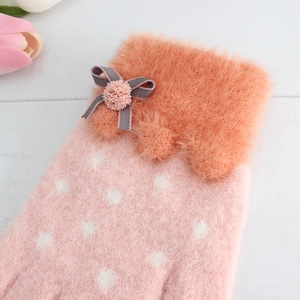 Pink knitted children half finger gloves with faux fur cuff and bow decoration